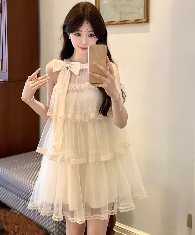 Lindo Vestido de Verano Japonés Dulce Niñas Princesa Línea A Lazo Volantes Malla