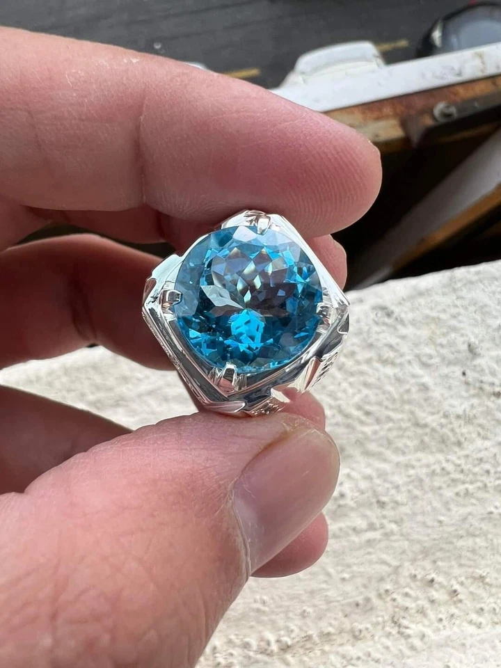 Anel masculino de prata esterlina 925 com pedra preciosa de zircão azul #1928 - Imagem 3 de 4