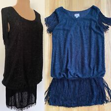 Vintage 80s Fringed Evening Dress 11/12 Diamond's Run Black Flapper Mini Dress