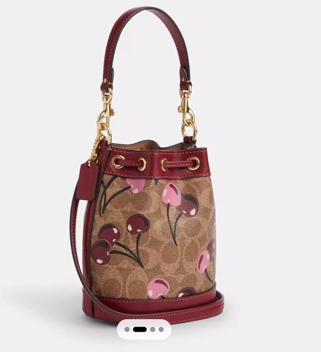 Nuevo sin etiquetas Bolso Coach Mini Bucket en lona exclusiva con estampado de cereza CY738 🍒 Foto 2 de 4