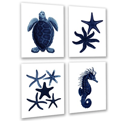 Dark Navy Beach Decor C1 set of 4 unframed sea turtle seahorse starfish ...