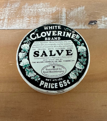 Vintage Tin, White Cloverine Brand Salve Tin 2.5 , Made In USA