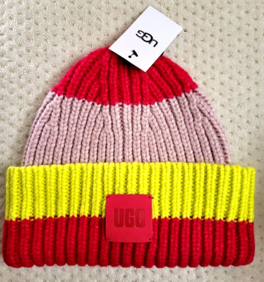 NWT UGG Women's CHUNKY RIBBED logo Wool Blend BEANIE, Cerise Stripe Multi