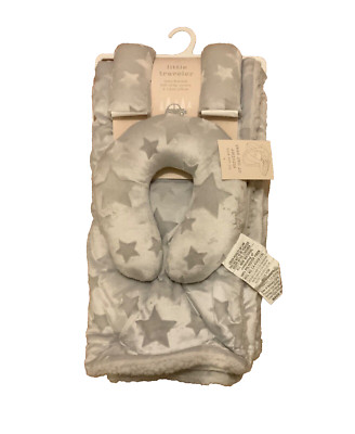 Little Traveler Baby Blanket & Pillow Set Belt Strap Covers Gray Star Sherpa New