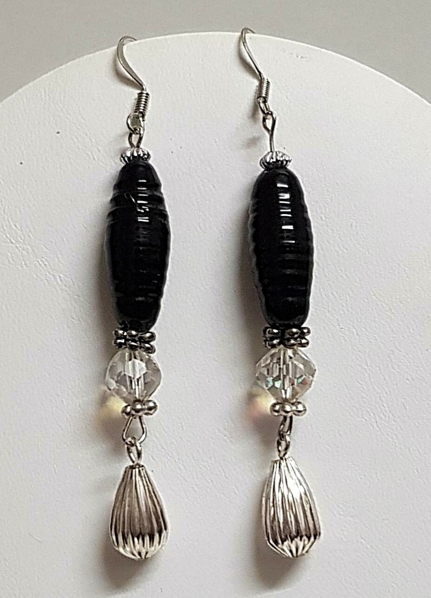 Boucles D'oreilles Vintage MICRIS - Pâte De Verre Noire, Plaqué Or 24 Carats
