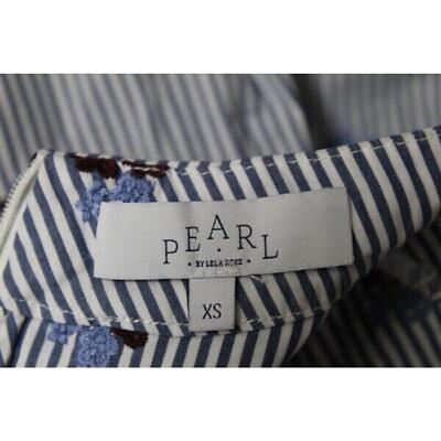 PEARL by LELA ROSE Sz XS Blue Stripe Floral Embroidered Ruffle