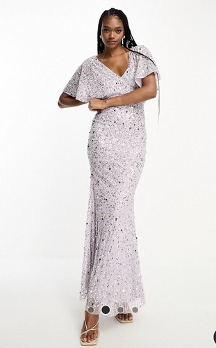Beaut Tall Bridesmaid embellished maxi dress with Flutter Sleeve lilac Size 12 - Picture 2 of 4