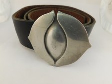 PEWTER BELT BUCKLE SIGNED MNN LEATHER BELT WIDE