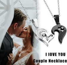 Silver Black Couple Pendant Necklace Stainless Steel I Love You Heart Best Gift