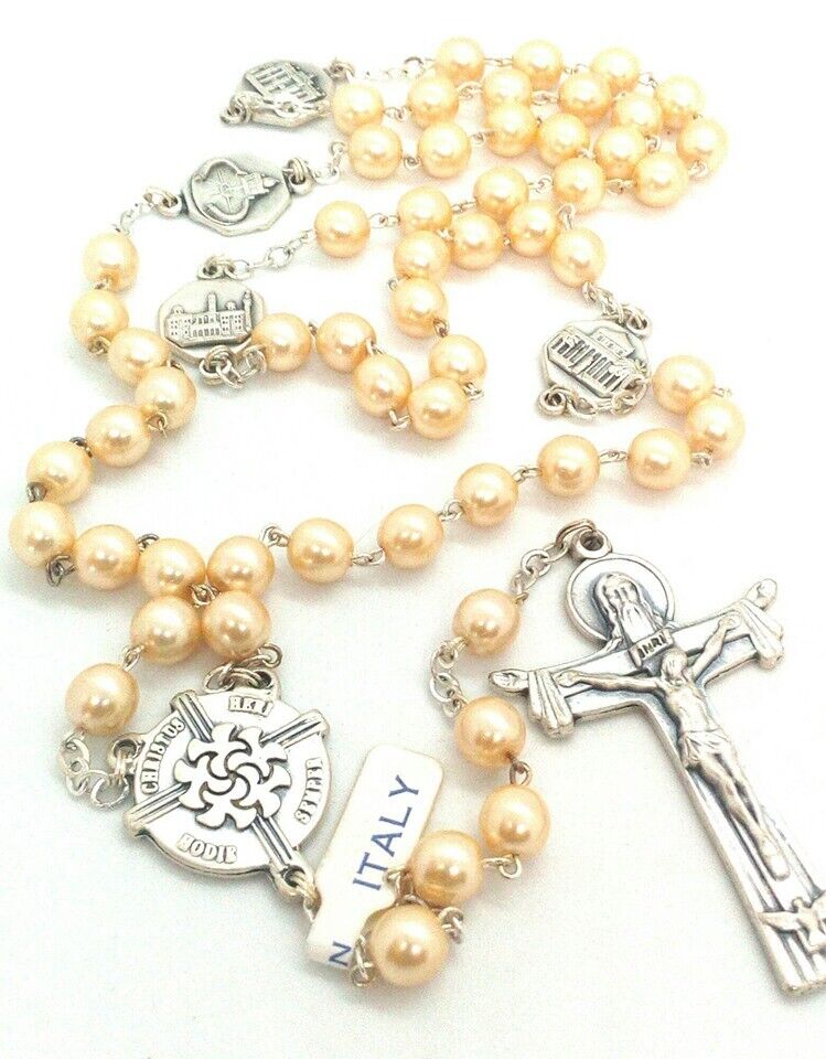 Pearlized Italian Glass Rosary Beads, Made in Italy, Vatican Souvenir Rosary