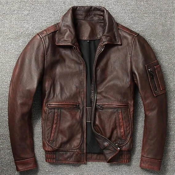 Men's Brown Vintage Distressed Leather Jacket Cowhide Zipper Pilot Bomber Coat