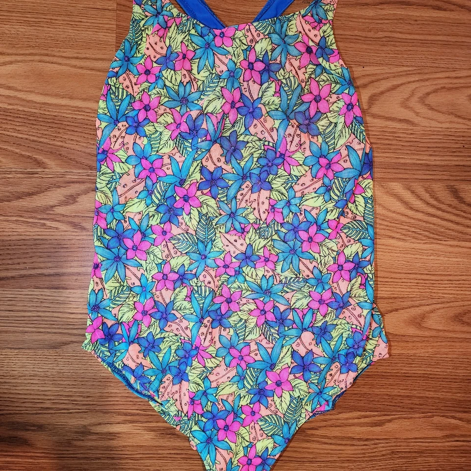 Traje de baño solar vintage años 90 bronceado a través de 13/14 flores neón malla ligera Foto 3 de 4