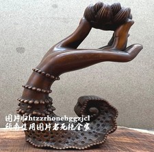 Antique Boxwood Carved Buddha Hand Statue Lotus Flower Shine Altar Zen Decor