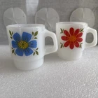 Vintage Fire King AH Set of 2 Milk Glass Flower Floral Mugs Blue Yellow Orange
