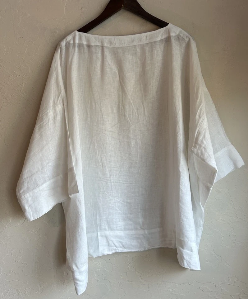 Túnica Eskandar 100% linho branca gola redonda manga 3/4 top 1 luxo Lagenlook P M - Imagem 2 de 4