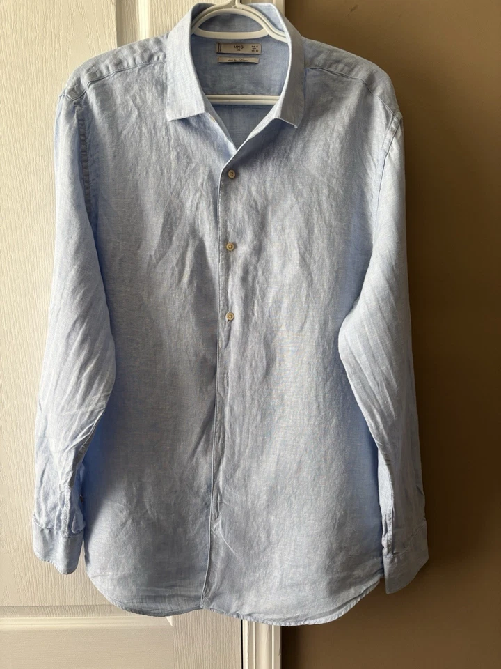 Camisa con botones 100 % lino MNG para hombre S azul manga larga Foto 2 de 4