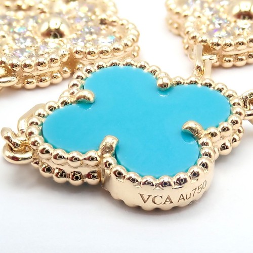 Van Cleef & Arpels 18k Yellow Gold 20 Motif Alhambra Diamond Turquoise Necklace - Picture 6 of 18