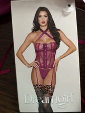 DreamGirl BUSTIER Floral Embroidery and Mesh Corset Magenta Set SIZE XL