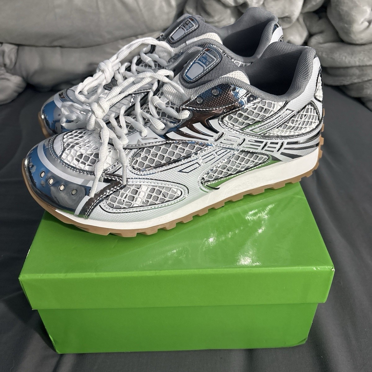 Bottega Veneta White and Silver Mesh Runner Sneakers Bottega Veneta Orbit Metallic Net Runner Sneakers | Neiman  main image 3