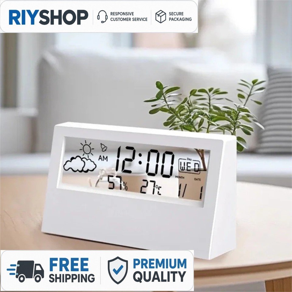 Digital LCD Alarm Clock Transparent Temperature Humidity Calendar Display