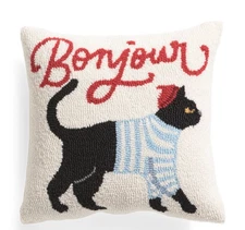 Peking Handicraft Bonjour Cat Pillow 16x16 Paris Hooked design Pillows