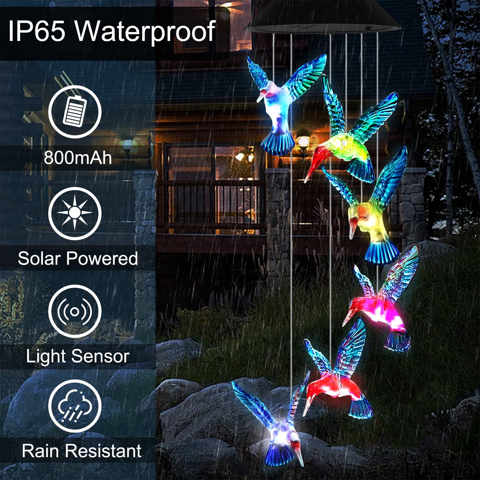 Hummingbird Wind Chime Lights Outdoor Garden Solar Wind Chimes Color Changing Hu
