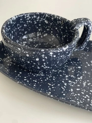 Vintage Frankoma Country Blue Pottery Set Speckled  Cup and Tray