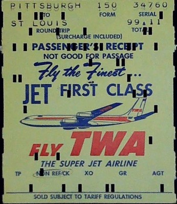 TWA First Class Jet Passenger Receipt Pittsburgh To St Louis Stamped 10/13/1962