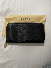 Gucci Black Zip-Around Wallet Gold Hardware Logo Pattern Multiple Card Slots