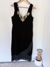 80s Black Velvet Sleeveless Dress 17/18 Gold Metallic Floral Accent Fringe Hem