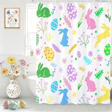 Easter Shower Curtains for Bathroom,Bunny Eggs Floral Pattern Waterproof