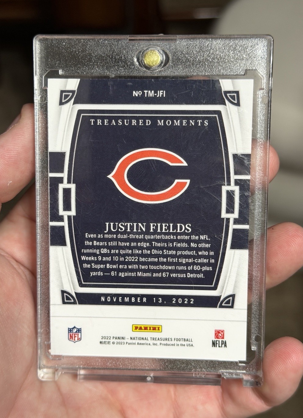 2022 Panini National Treasures Justin Fields Treasured Moments Platinum 1/1 🐻 view 2