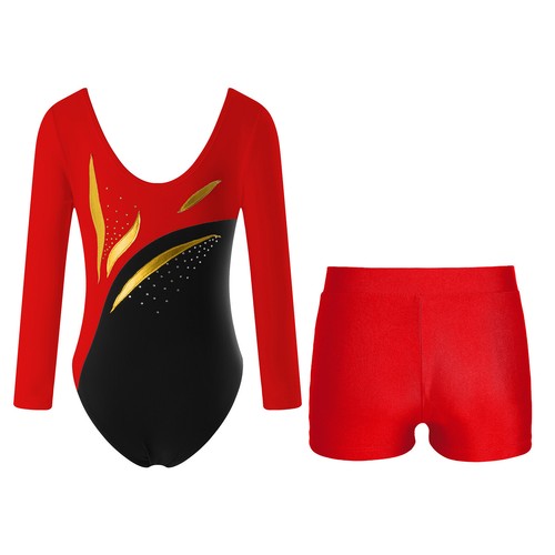 FEESHOW Girls Sparkly Rhinestones Long Sleeve Gymnastics Leotard and Shorts AU - Picture 17 of 81