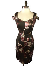 NEW EN FOCUS STUDIO Size 10 Sheath Dress Black Burgundy Silver Floral Shiny