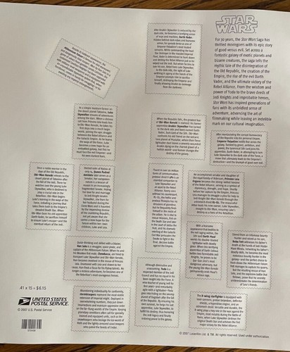 Star Wars Stamp Sheet 2007 USPS 15 41 cent stamps 30th Anniversary, 3 sheets - Picture 3 of 12