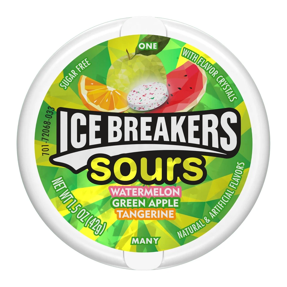 ICEBREAKERS Sours Sugar Free Mints 1.5 OZ Paquete de 8 Manzana Verde Mandarina Wa... Foto 2 de 4