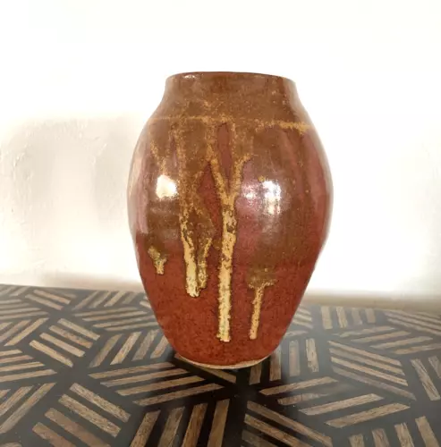 Vintage 7x5" Hand Thrown Studio Art Pottery Vase signed Red w Brown Drip Glaze