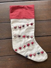 Pottery Barn Plaid Pom Poms Nostalgic Christmas Stocking Ivory Red NEW