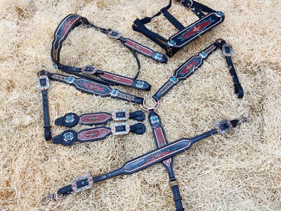 Leather Western Headstall Set for Horse Decorated with Hand Tooled and Carving