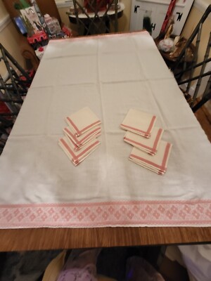 Vintage Off White Embroidered Edge Tablecloth & 5 Napkins Pink Border Design