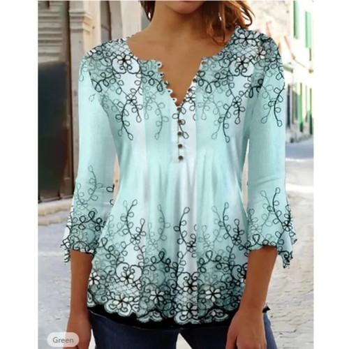 2025 Autumn New Tees For Women's V Neck Button Floral Printed T Shirt Long Flare - Picture 13 of 34