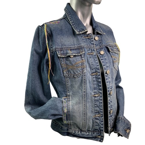 Hand Embroidered Denim Jean Jacket Women's Distressed Side Pockets Size Medium