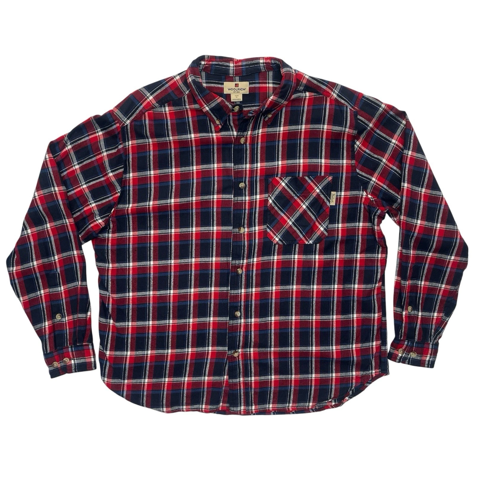 Woolrich Shirt Men’s Size XL Red Blue Plaid Flannel Long Sleeve Button Down