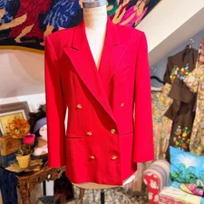 Vintage Austin Reed Red Wool Double Breasted Blazer Gold Buttons Women Size 8