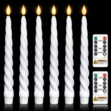 Flickering Flameless Taper Candles with Timer, Real Wax White Twisted Taper C...