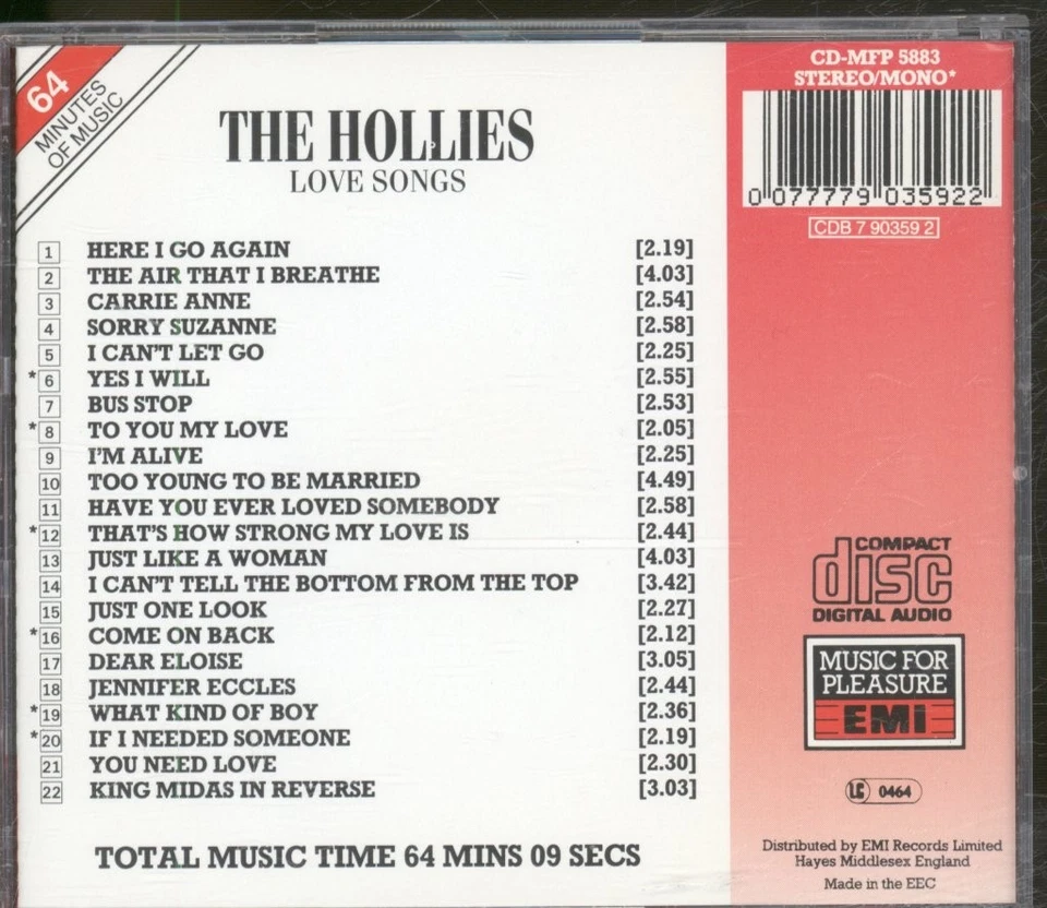 Hollies Love Songs CD UK Emi 1990 CDMFP5883 - Bild 2 von 3
