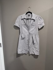Guess Gray White Striped Shirt Dress XL Button Belted Pockets Short Sleeve