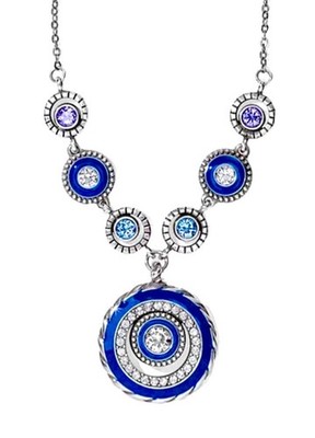 BRIGHTON HALO ECLIPSE BLUE ENAMEL+PURPLE+AQUA SWAROVSKI CRYS SLV NECKLACE VG RET