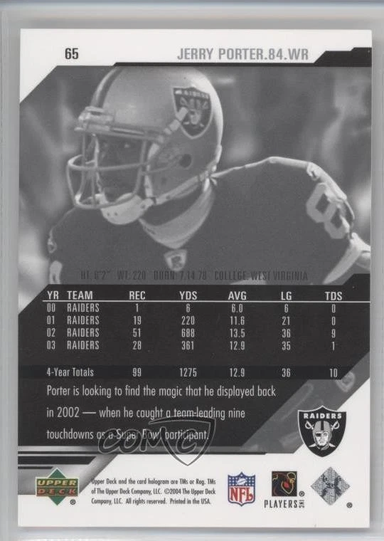 2004 Upper Deck Pro Sigs Jerry Porter #65 - Image 2 of 2