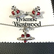   In Box/Pouch  Vivienne Westwood Diamante Heart Necklace Earrings Set Red Silver